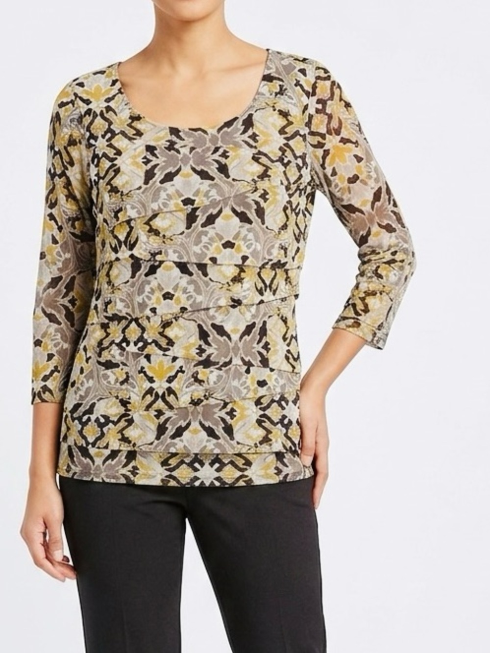 ALFANI Layered Floral Gold Yellow Taupe & Brown Blouse Lined Top